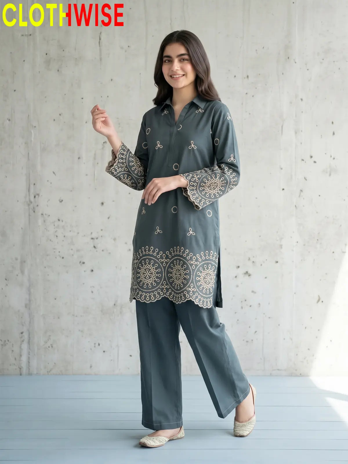 Deluxe – 2 Piece Embroidered Co-ord Set for Women | Collared Kurti with Scalloped Cutwork & Flapper