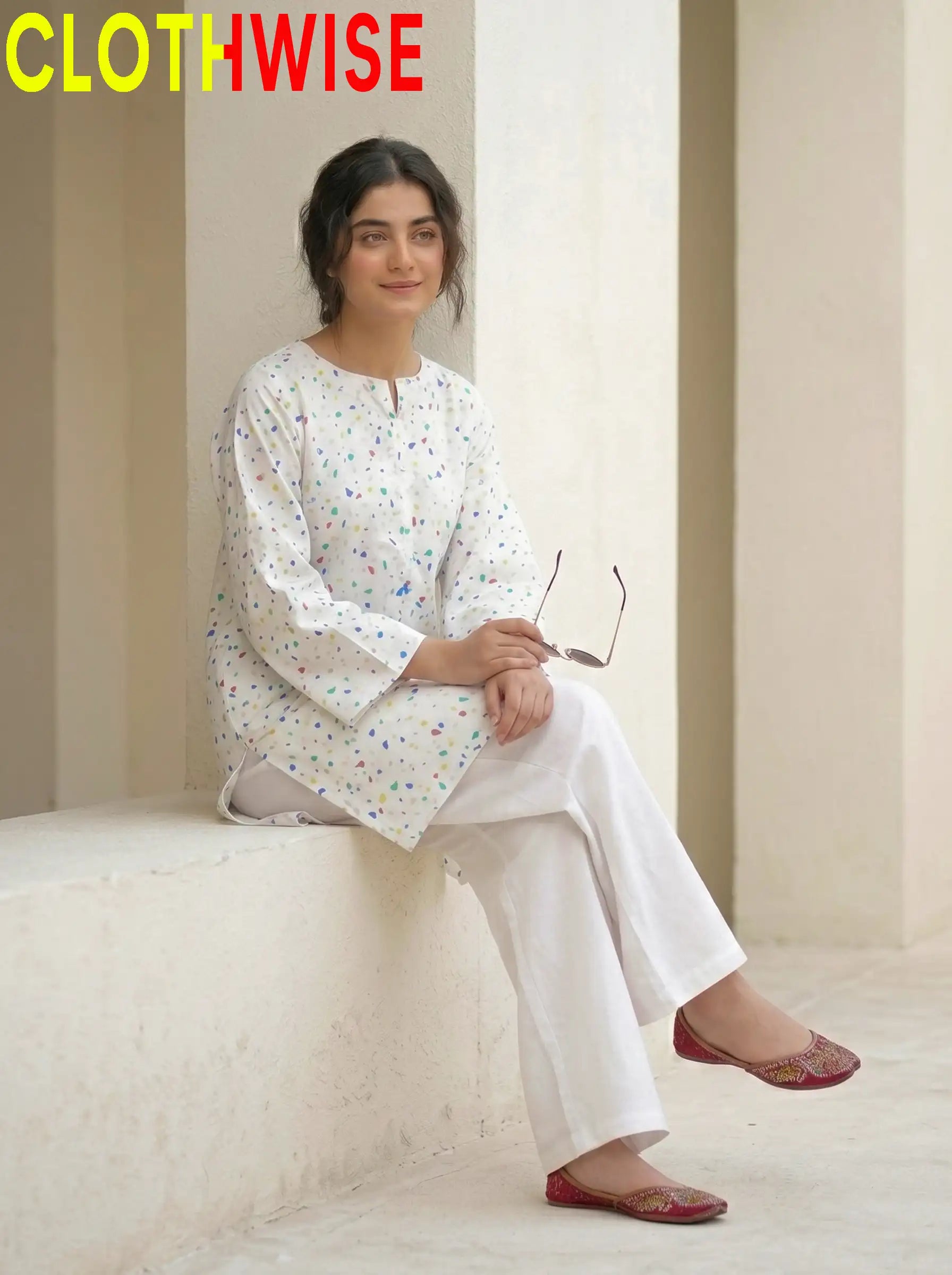 CloudWear White Confetti Print 2-Pcs Printed Co-ord Suit | Stitched Cotton Flapper Set - Pakistani Women Pret | CLOTHWISE