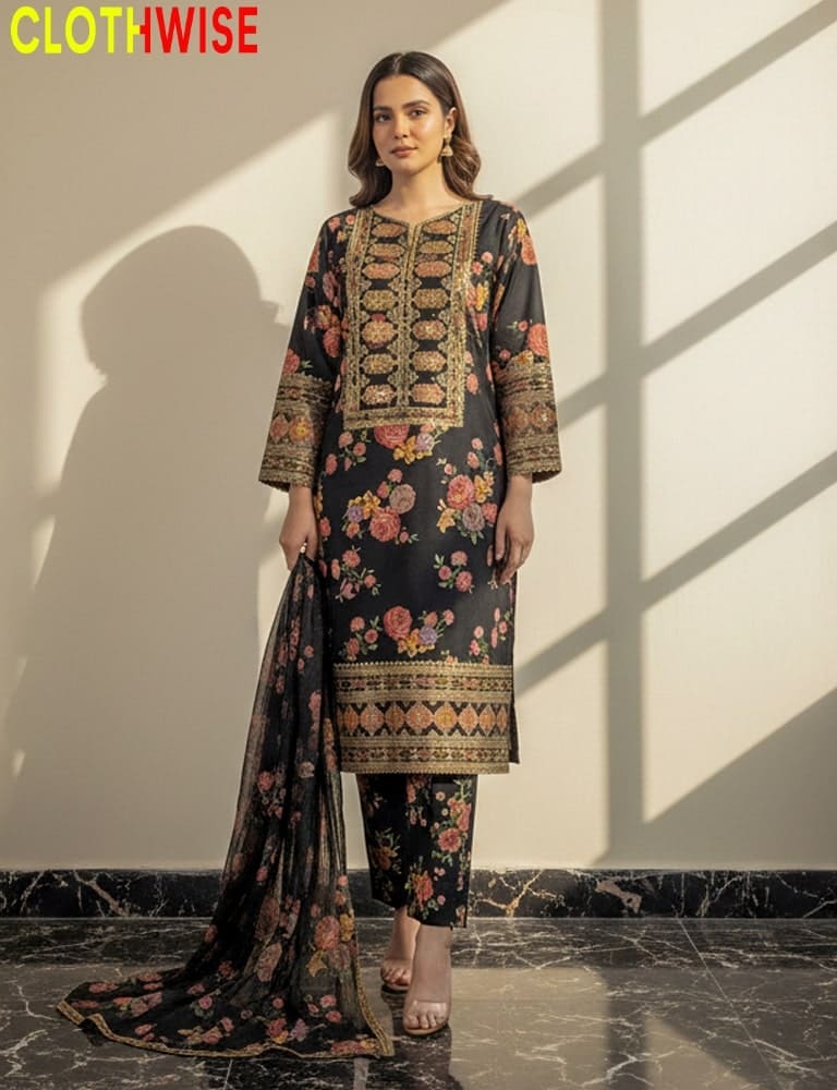 Woman wearing a floral dress with embroidery by CLOTHWISE on a marble floor.