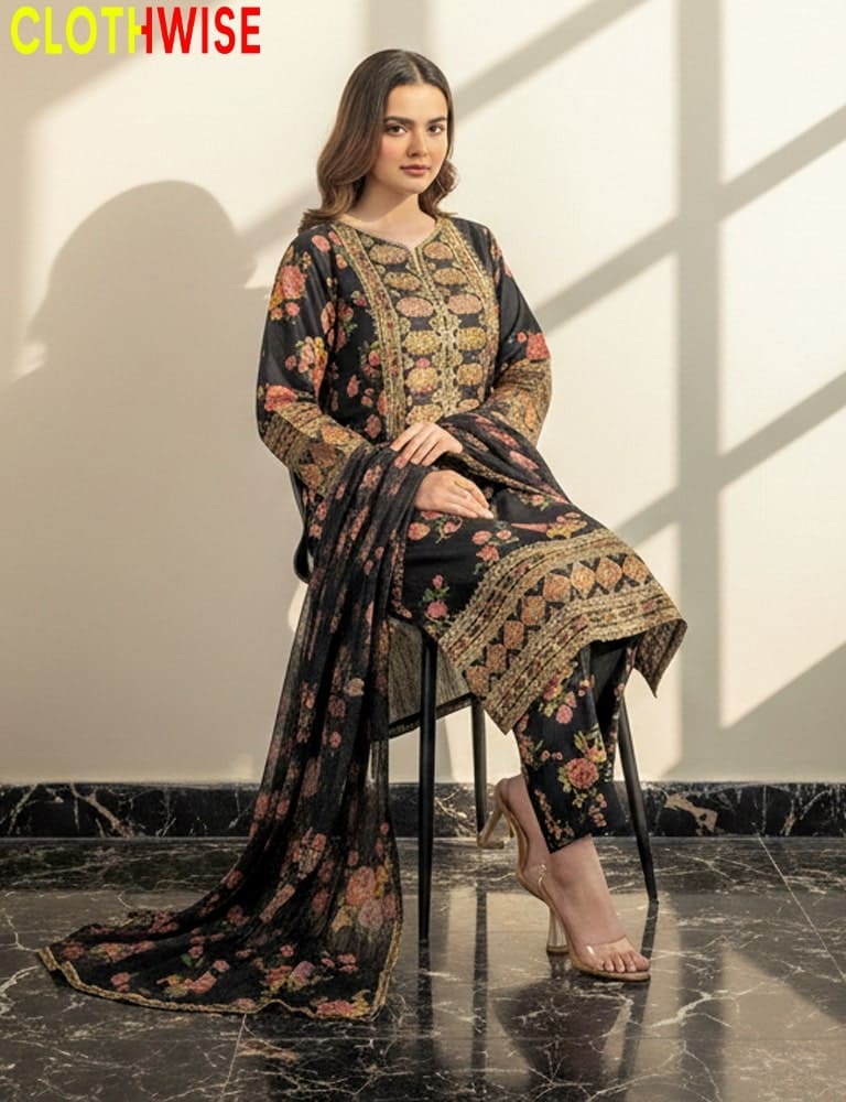 Woman wearing a floral dress with a matching dupatta on a marble floor, with 'ClothWise' branding.