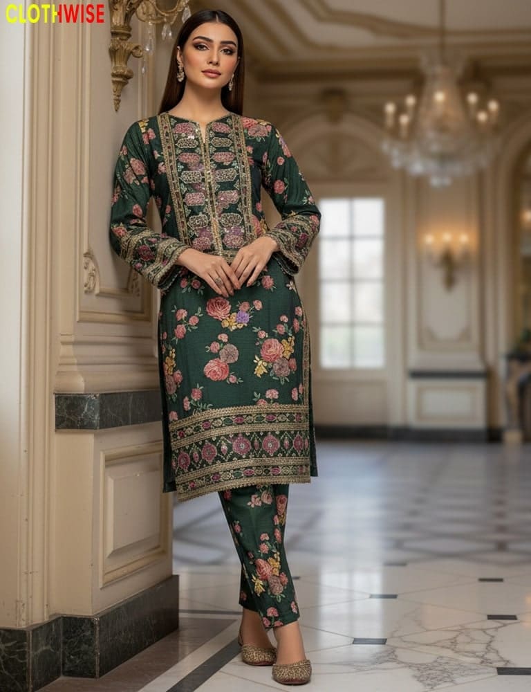 Woman wearing a green embroidered traditional outfit in an elegant interior setting