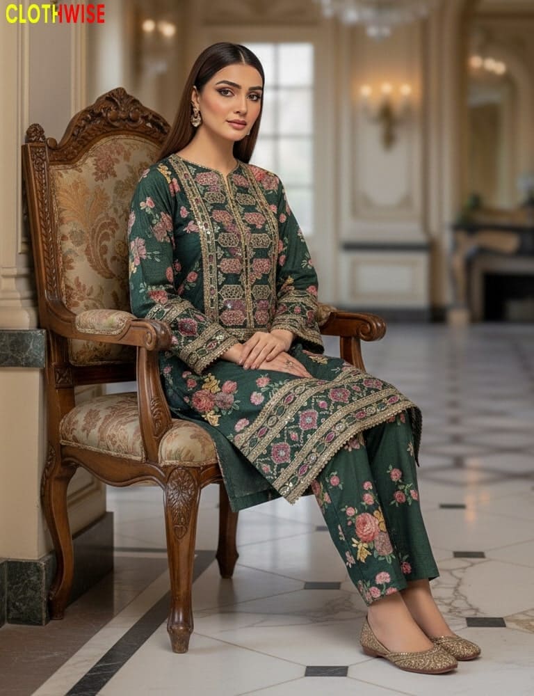 Woman in a green embroidered outfit sitting on a ornate chair in an elegant room.