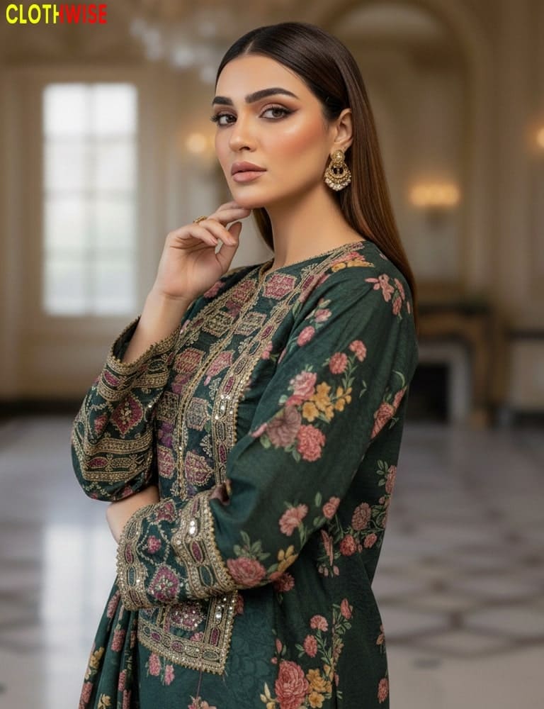 Woman wearing a dark green floral embroidered dress in an elegant indoor setting.