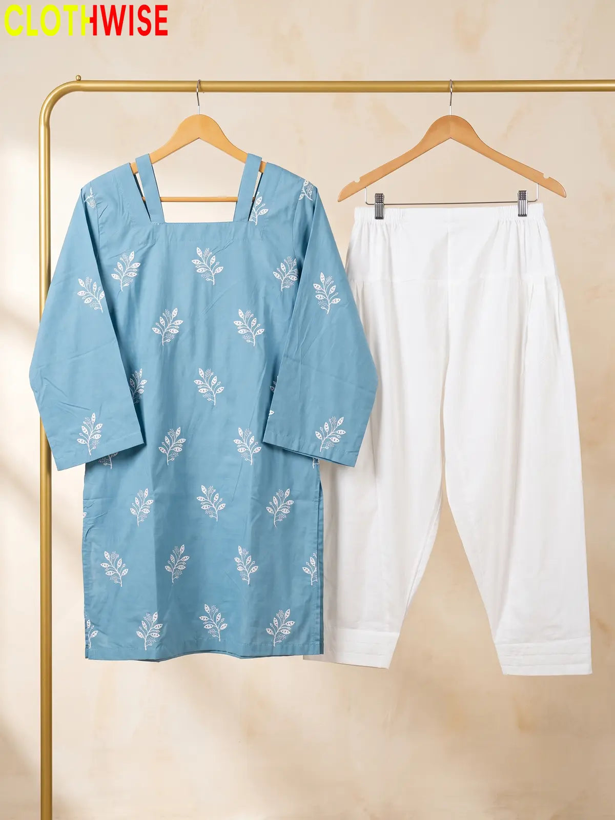Hoor Aqua 2-piece embroidered cotton suit hanging view - CLOTHWISE