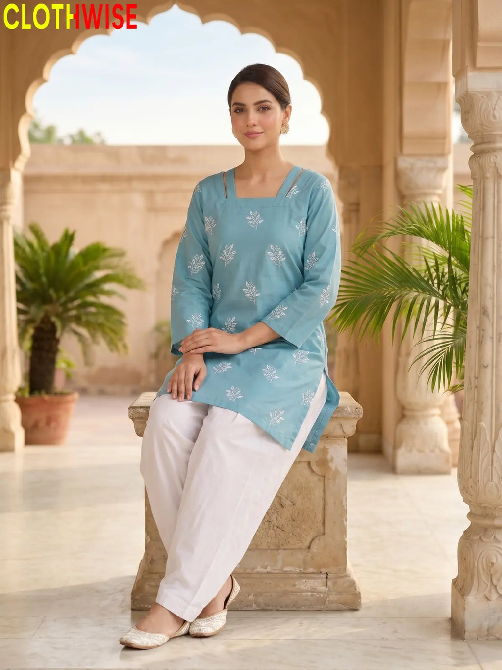 Hoor Aqua embroidered cotton suit sitting view - CLOTHWISE