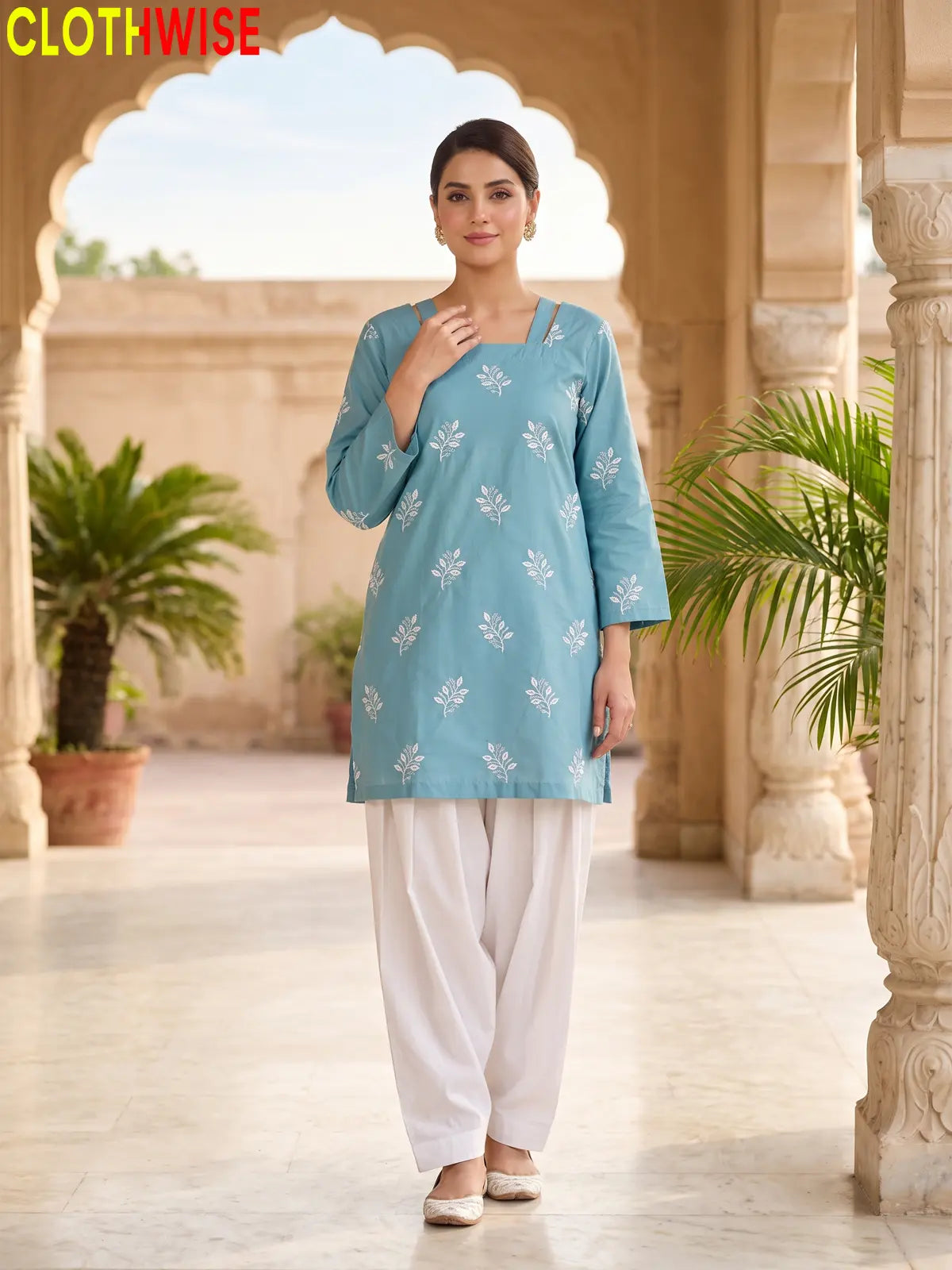 Hoor Aqua embroidered cotton suit standing view - CLOTHWISE