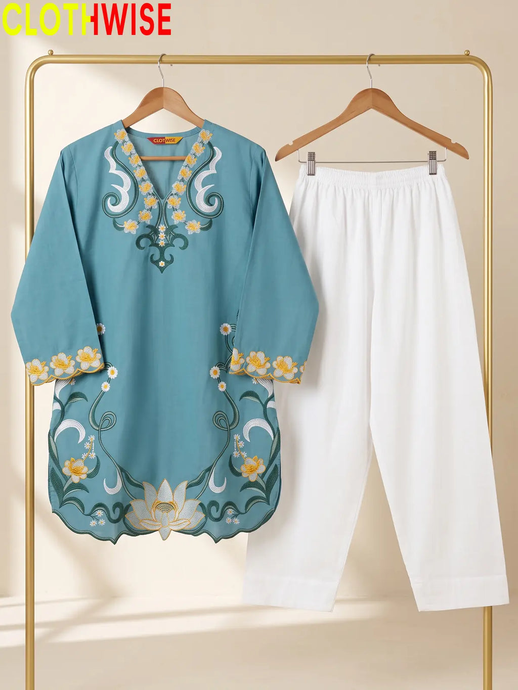 Lotus Embroidered 2 Piece Suit | Cut-Work Kurti with Shalwar for Women