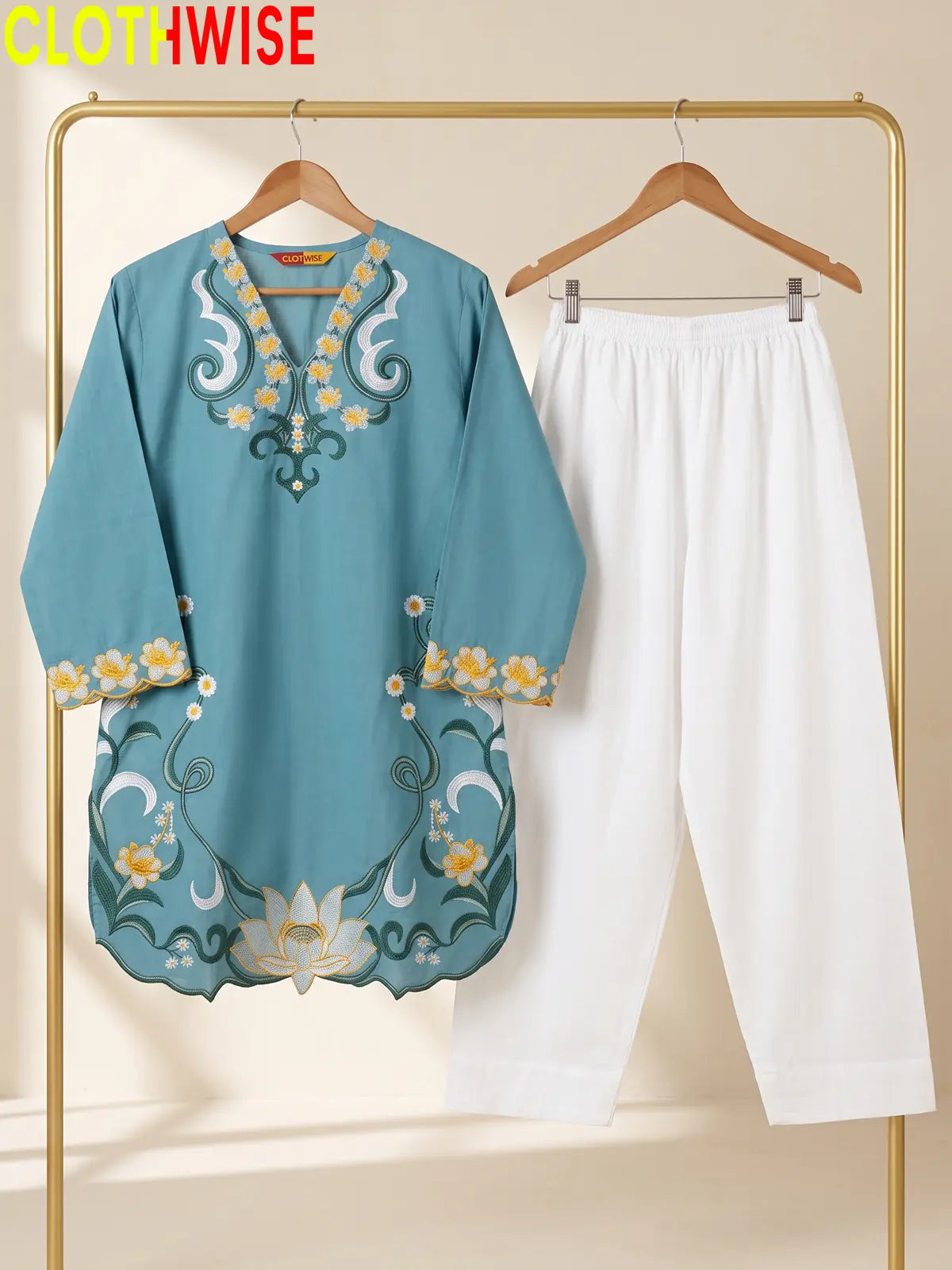 Lotus Embroidered 2 Piece Suit | Cut-Work Kurti with Shalwar for Women