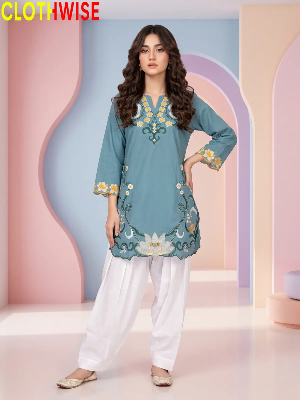 Lotus Embroidered 2 Piece Suit | Cut-Work Kurti with Shalwar for Women