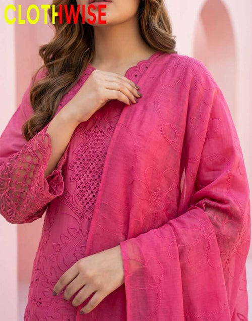 Woman wearing a pink embroidered outfit with 'CLOTHWISE' branding.