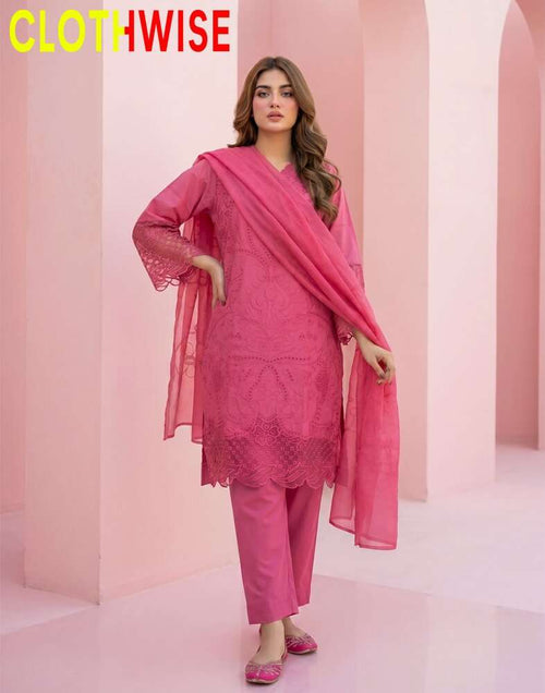 Woman wearing a pink outfit with a matching dupatta against a pink background, branded 'CLOTHWISE'.