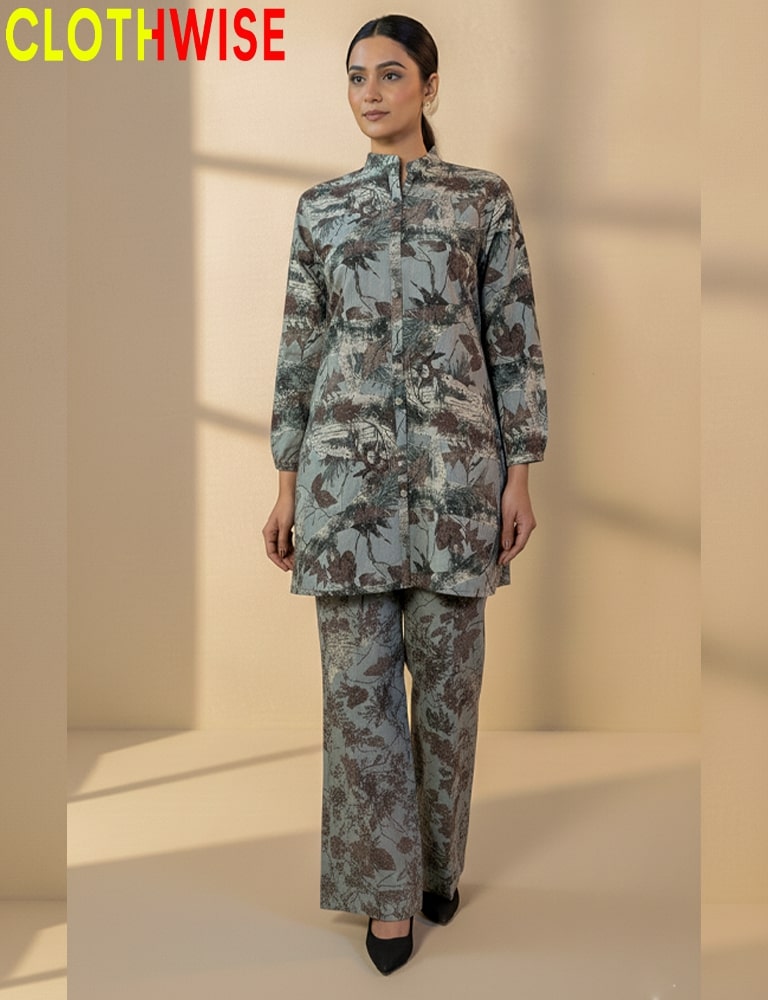 Woman wearing a camouflage outfit with 'CLOTHWISE' branding on a beige background