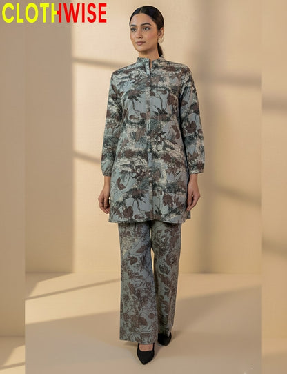 Woman wearing a camouflage outfit with 'CLOTHWISE' branding on a beige background