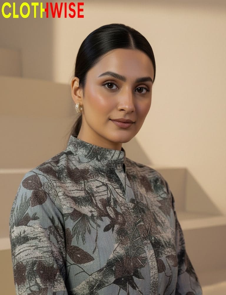 Woman wearing a patterned blouse with 'CLOTHWISE' branding.