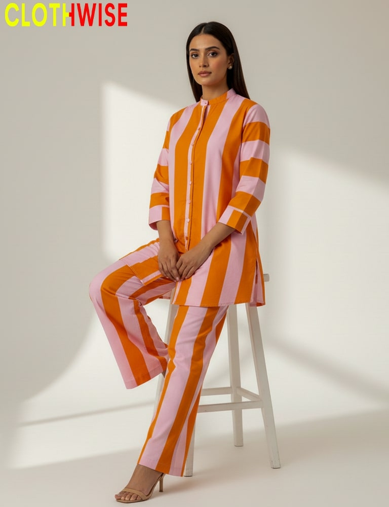 Woman wearing an orange and pink striped outfit on a white background with 'CLOTHWISE' branding.