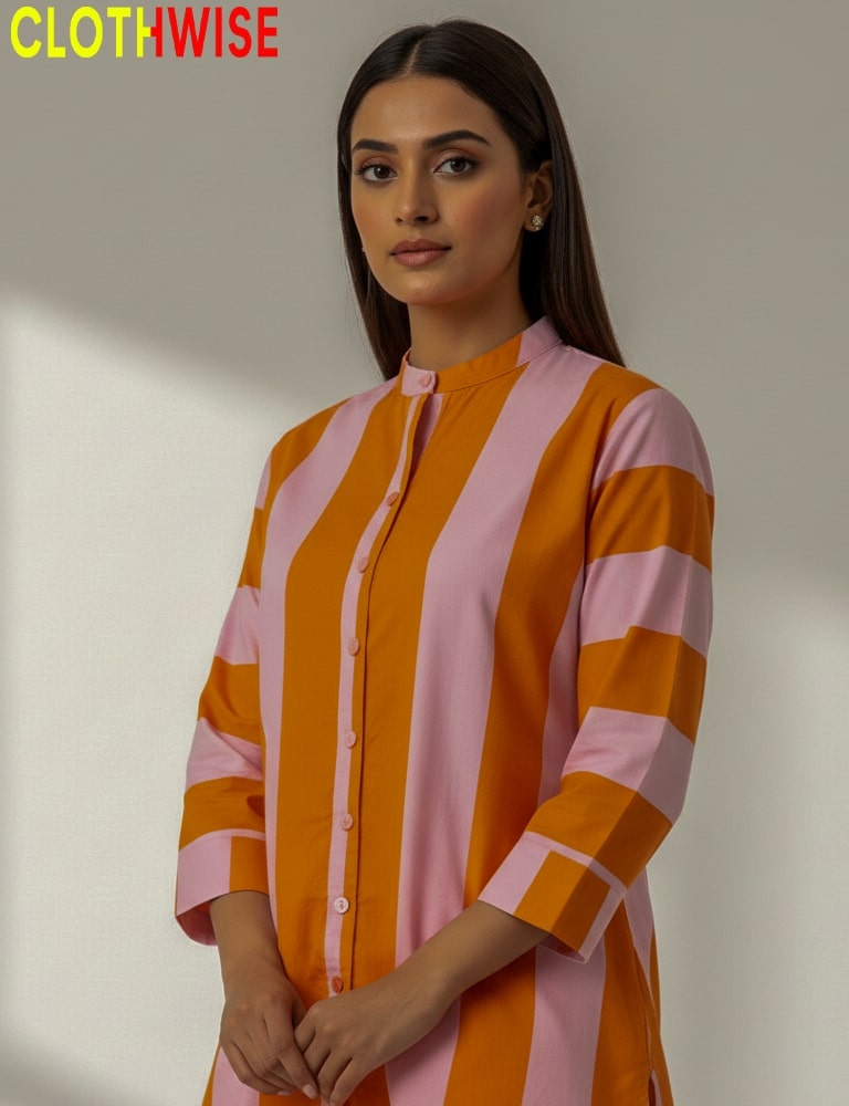 Woman wearing a pink and orange striped dress with 'CLOTHWISE' branding.