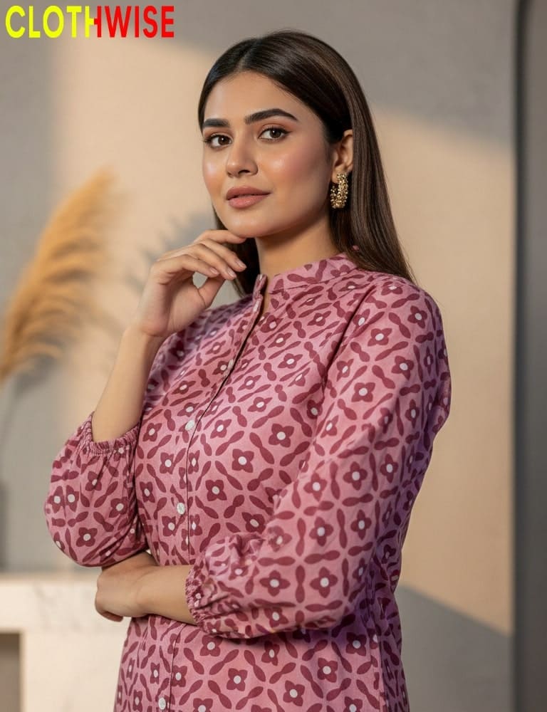 Woman wearing a pink patterned blouse with 'CLOTHWISE' branding.