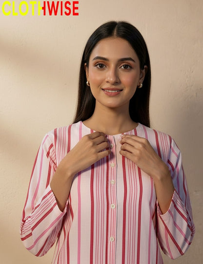 Woman wearing a striped shirt with 'CLOTHWISE' branding on a beige background