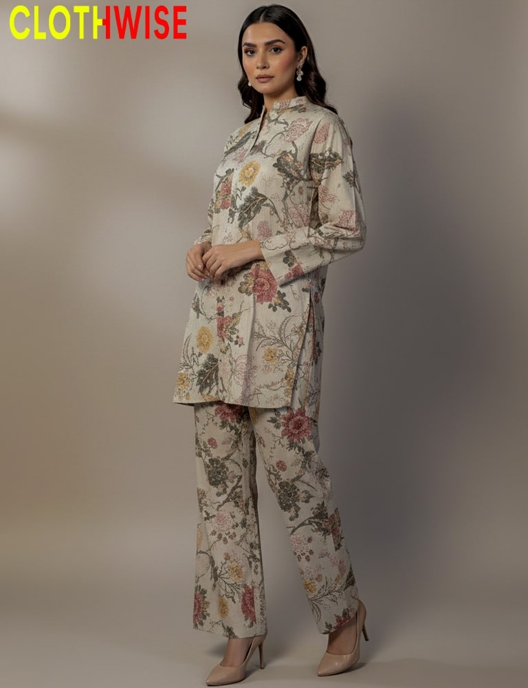 Elanora – Creme Printed Shamois Silk Co-ord Set by Clothwise