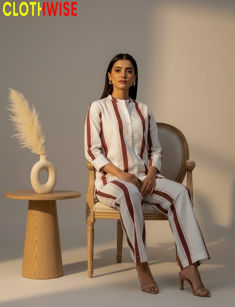 Woman in a striped outfit sitting on a chair with a minimalistic background and 'CLOTHWISE' branding.