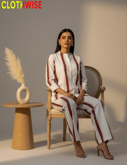 Woman in a striped outfit sitting on a chair with a minimalistic background and 'CLOTHWISE' branding.