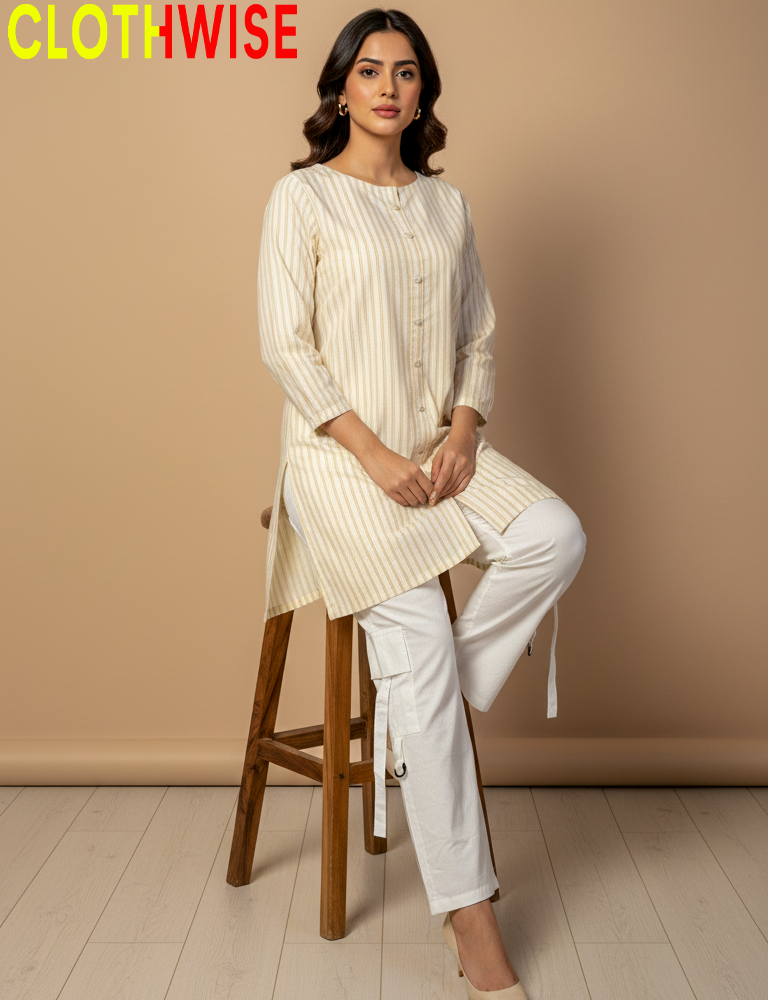 Woman wearing a cream-colored kurta with white pants sitting on a wooden stool against a beige wall.