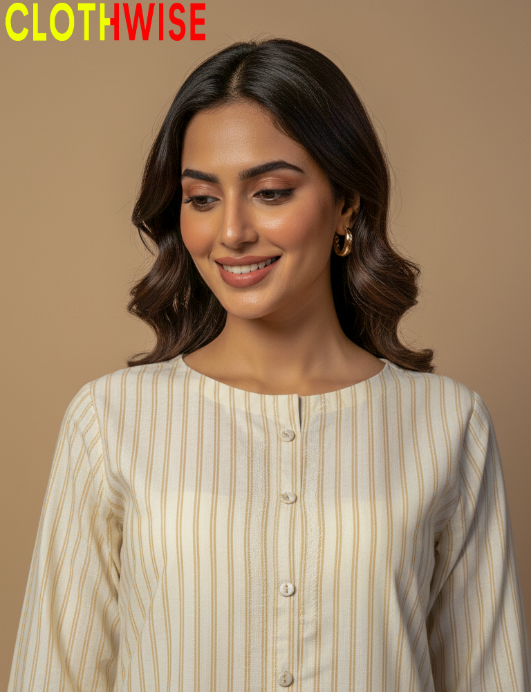 Woman wearing a beige and brown striped shirt with 'CLOTHWISE' branding.
