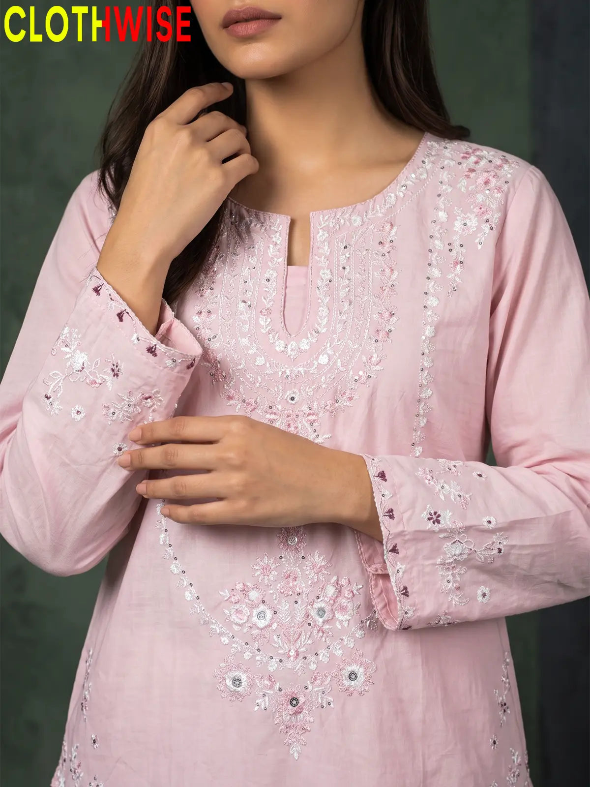 Zeenat Baby Pink sequin embroidered sleeves and gol daman neckline closeup