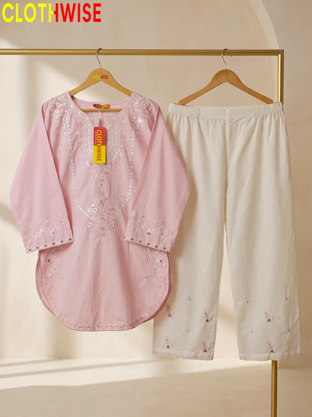 Zeenat Baby Pink 2-piece sequin embroidered suit - hanger display