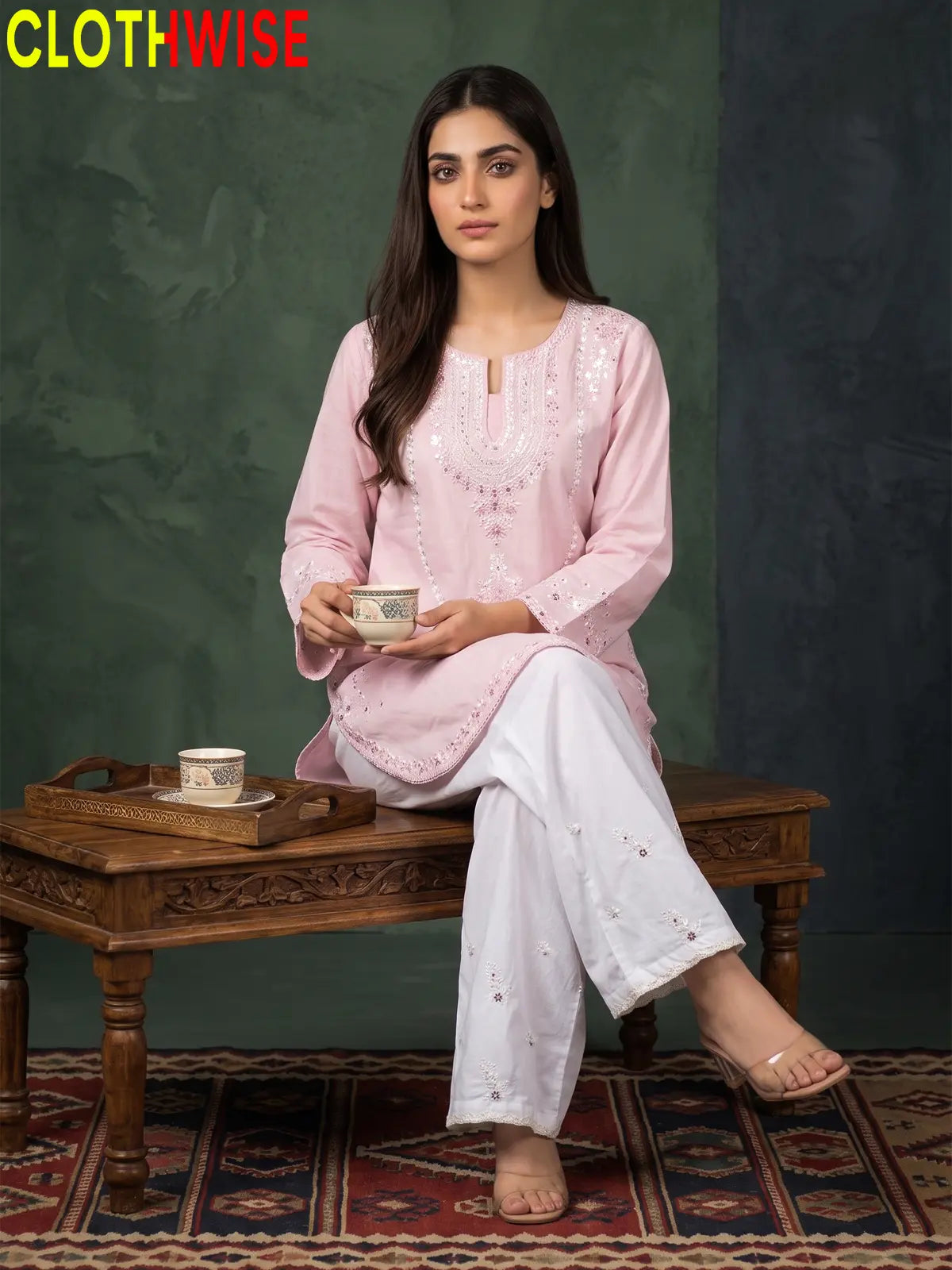 Zeenat Baby Pink 2-piece sequin embroidered suit - sitting pose