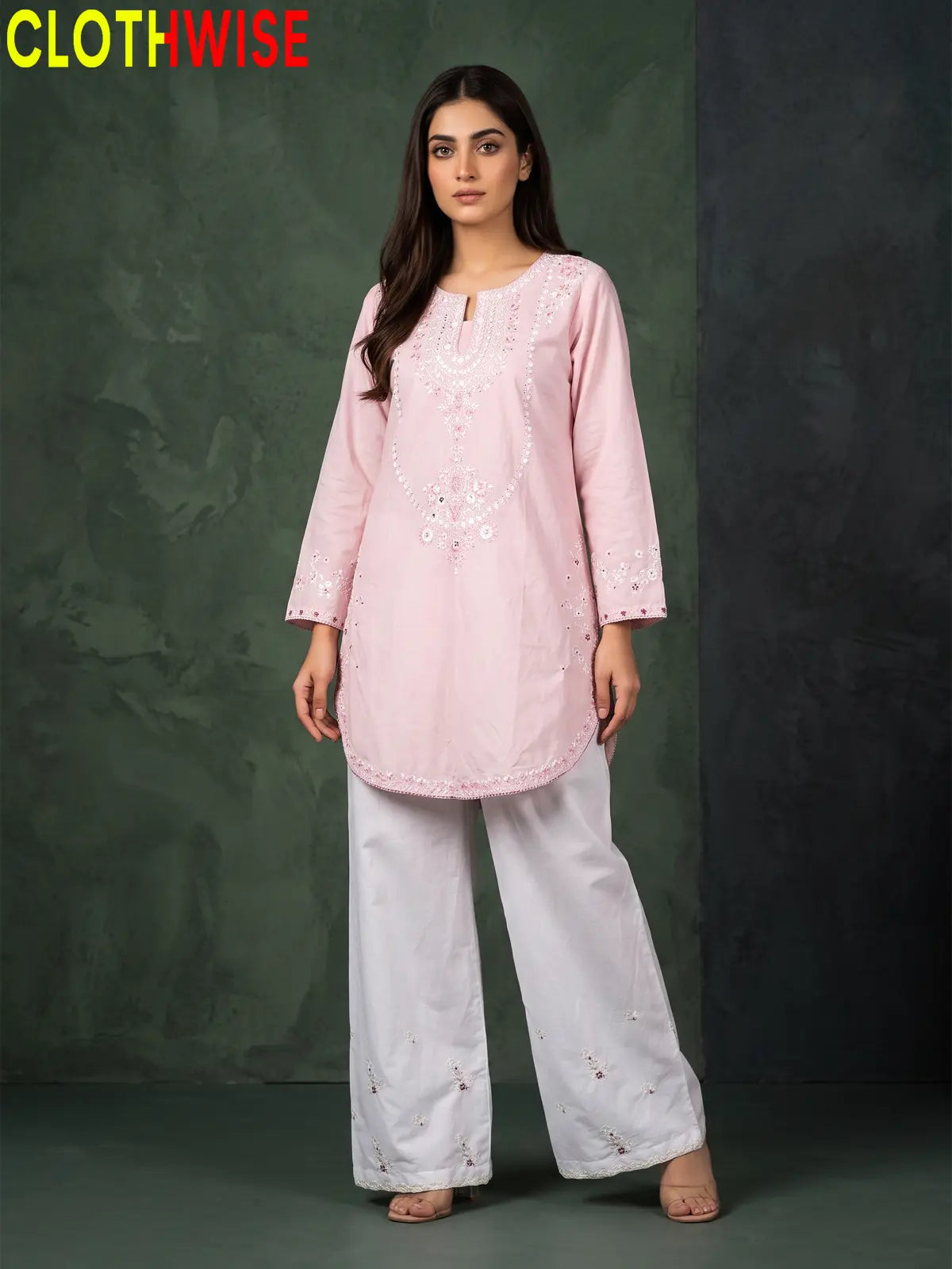 Zeenat Baby Pink 2-piece sequin embroidered suit - front standing view