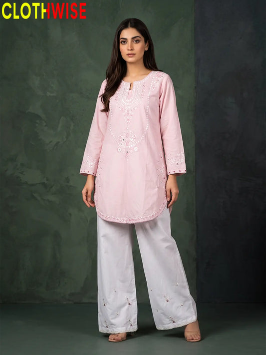 Zeenat Baby Pink 2-piece sequin embroidered suit - front standing view