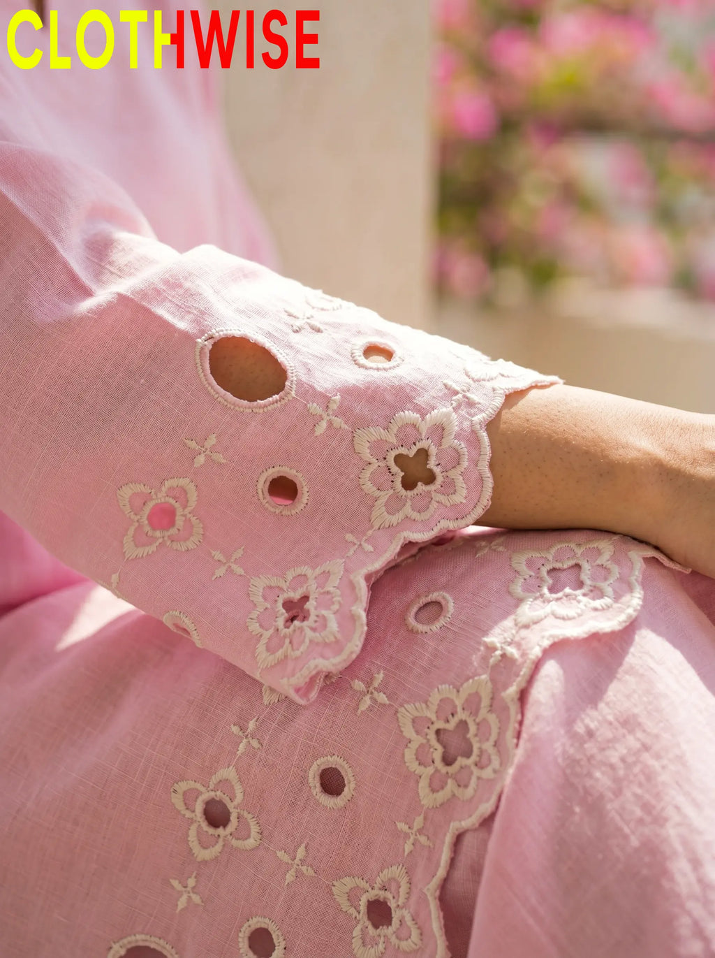 SAYA Baby Pink Chikankari Co-Ord Set - Embroidery and Cutwork Close Up
