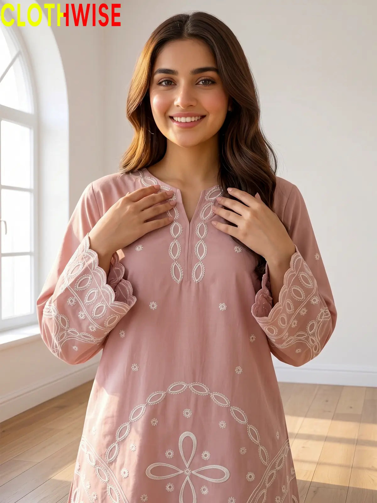 Aarzo embroidered lawn suit baby pink embroidery closeup