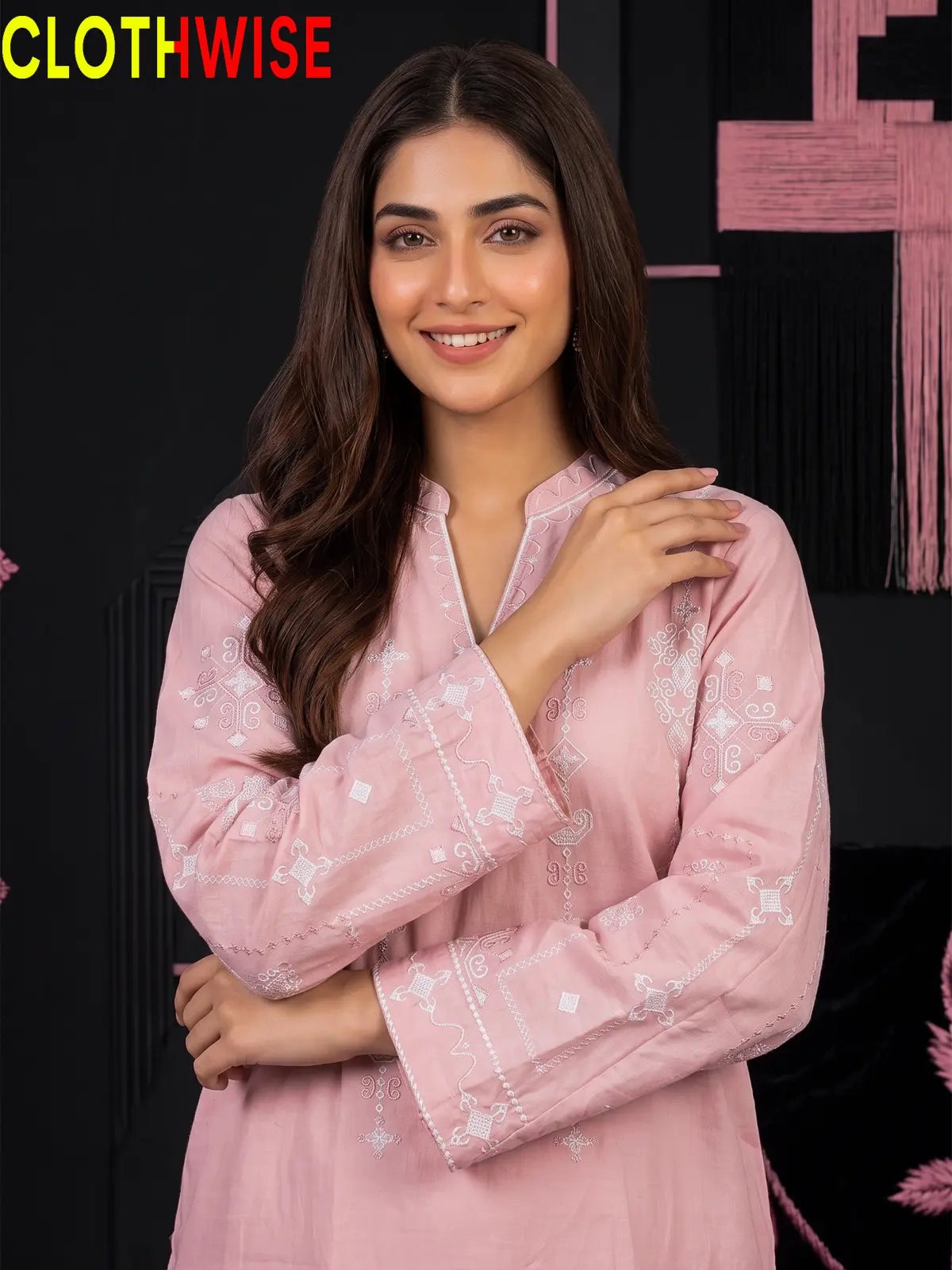 Taana Baana Baby Pink Suit – Embroidered Sleeves Closeup