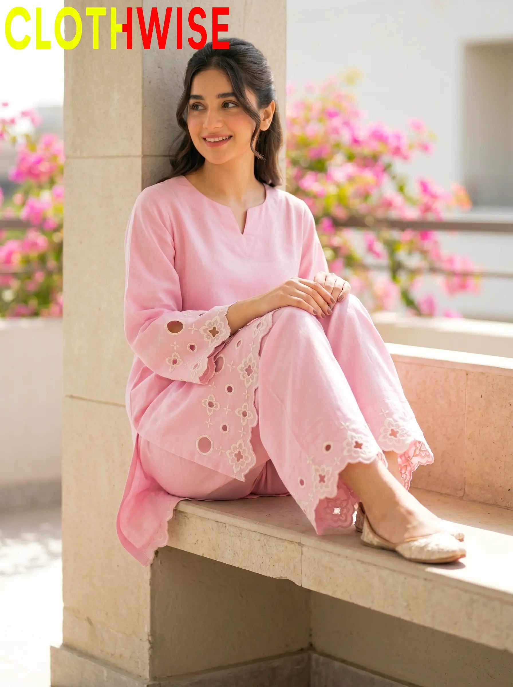 SAYA | Baby Pink Cutwork Co-Ord Set | 2-Piece Stitched Cotton Suit
