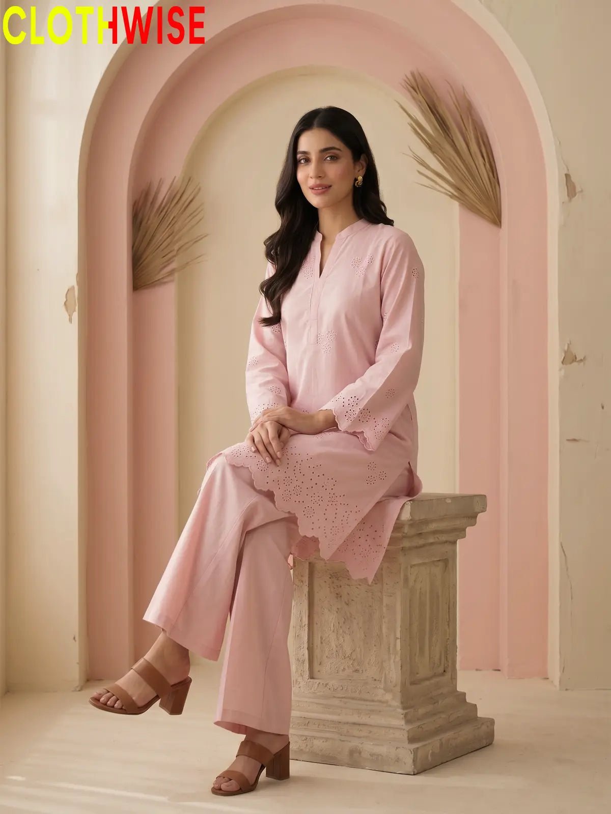 Zimal Baby Pink Cotton Co-ord Set - Chiken Kari Embroidered 2Pc Suit - Pakistani Women Pret | CLOTHWISE