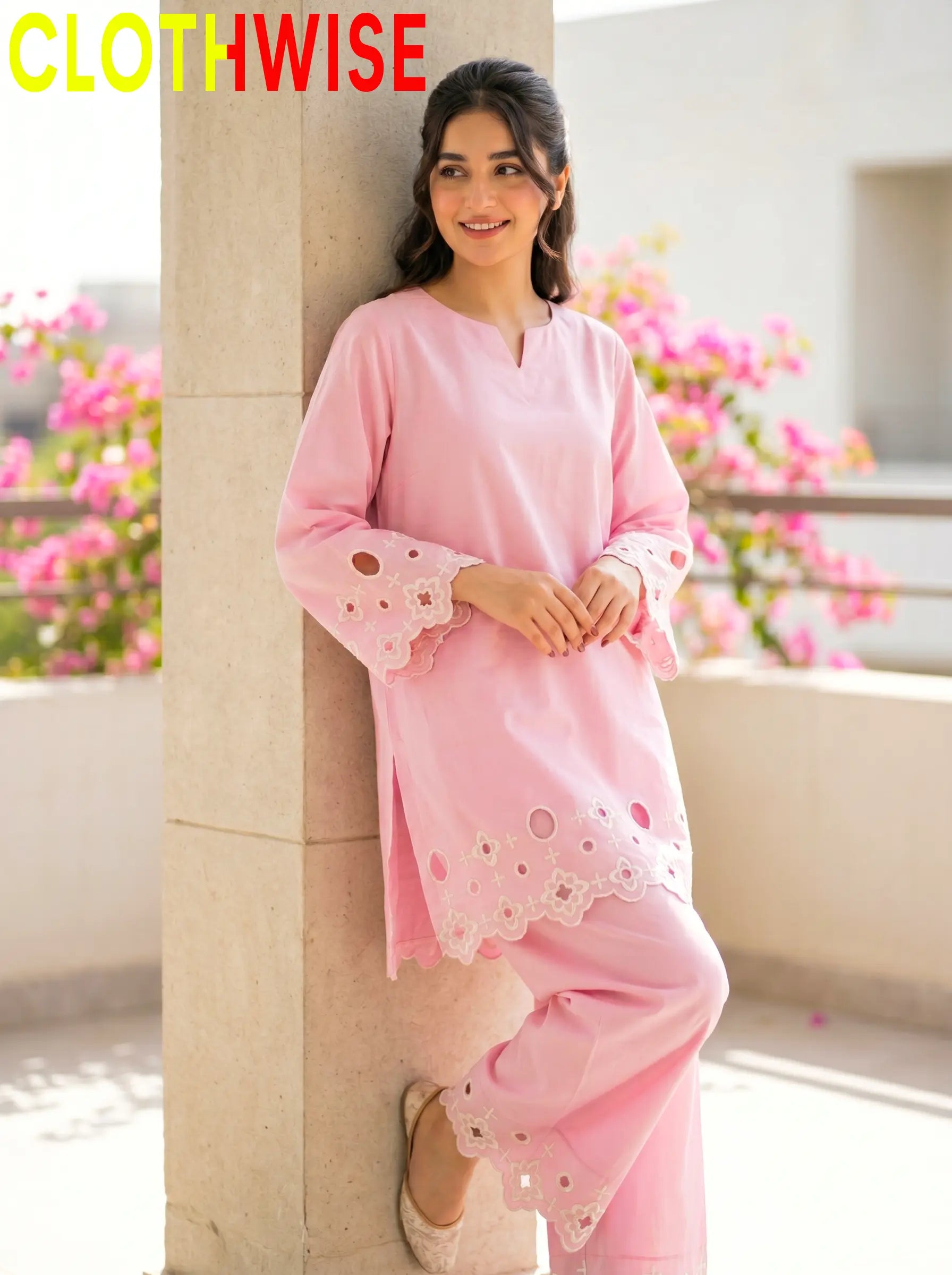 SAYA Baby Pink Chikankari 2-Piece Co-Ord Set - Standing View
