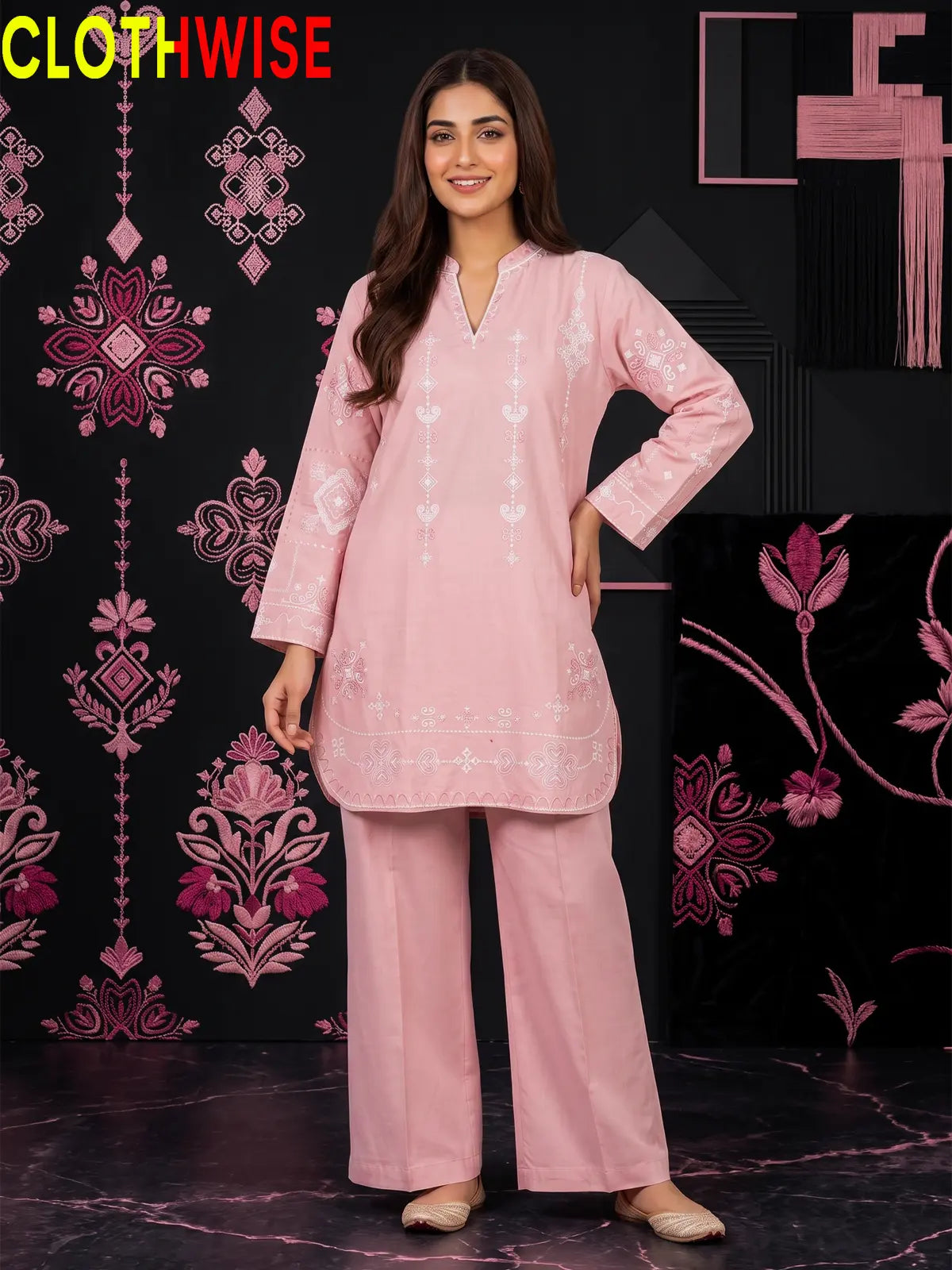 Taana Baana Baby Pink 2-Pc Embroidered Cotton Suit – Standing View