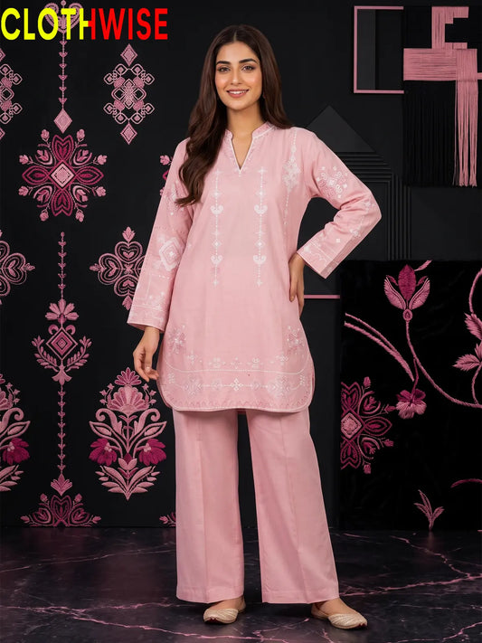 Taana Baana Baby Pink 2-Pc Embroidered Cotton Suit – Standing View