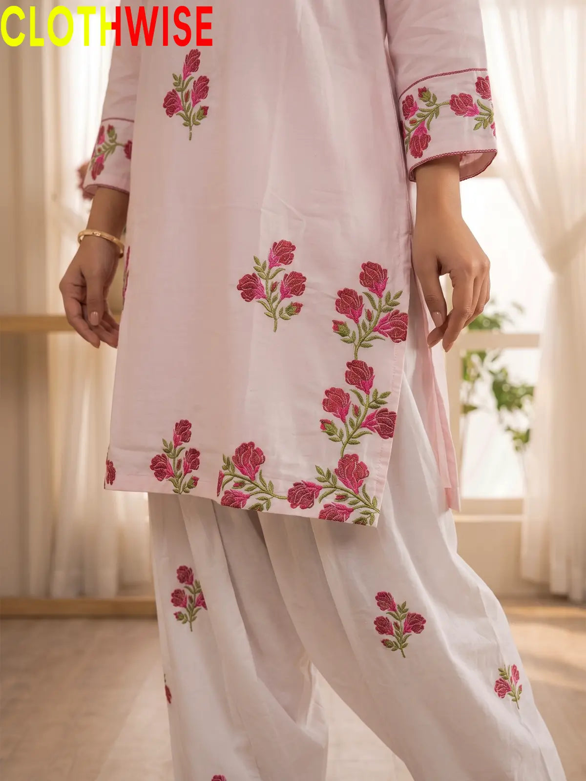 Ghulab Baby Pink Embroidered Cotton 2 Piece Suit for Women