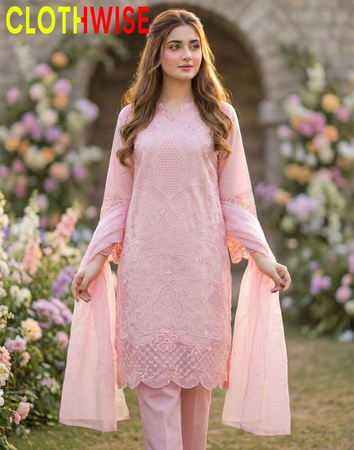 Woman wearing a pink lace outfit with floral decorations in the background, branded 'CLOTHWISE'.