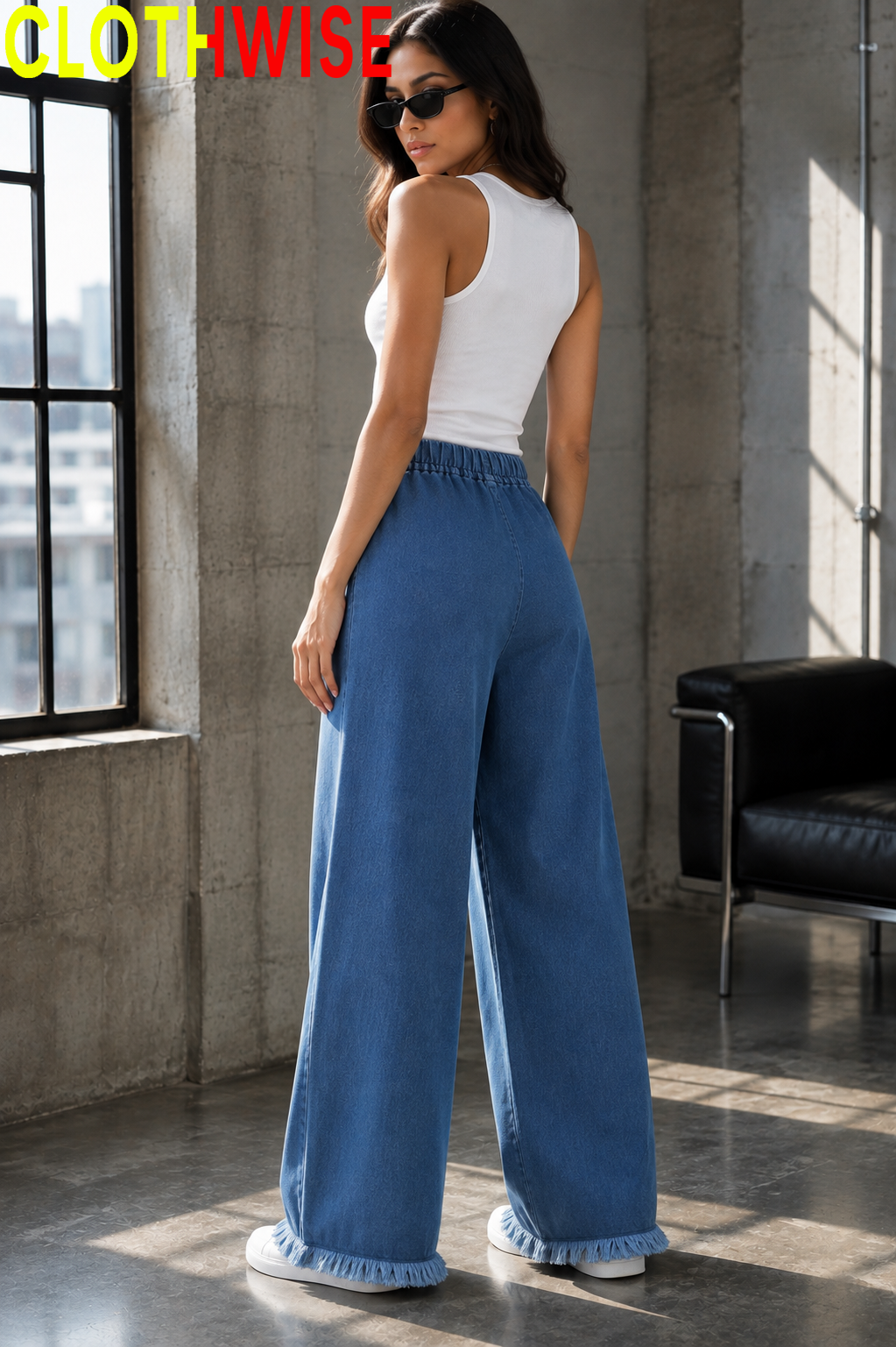 Women's Wide Leg Stretchable Denim Pants High Waisted Drawstring Raw Hem Jeans