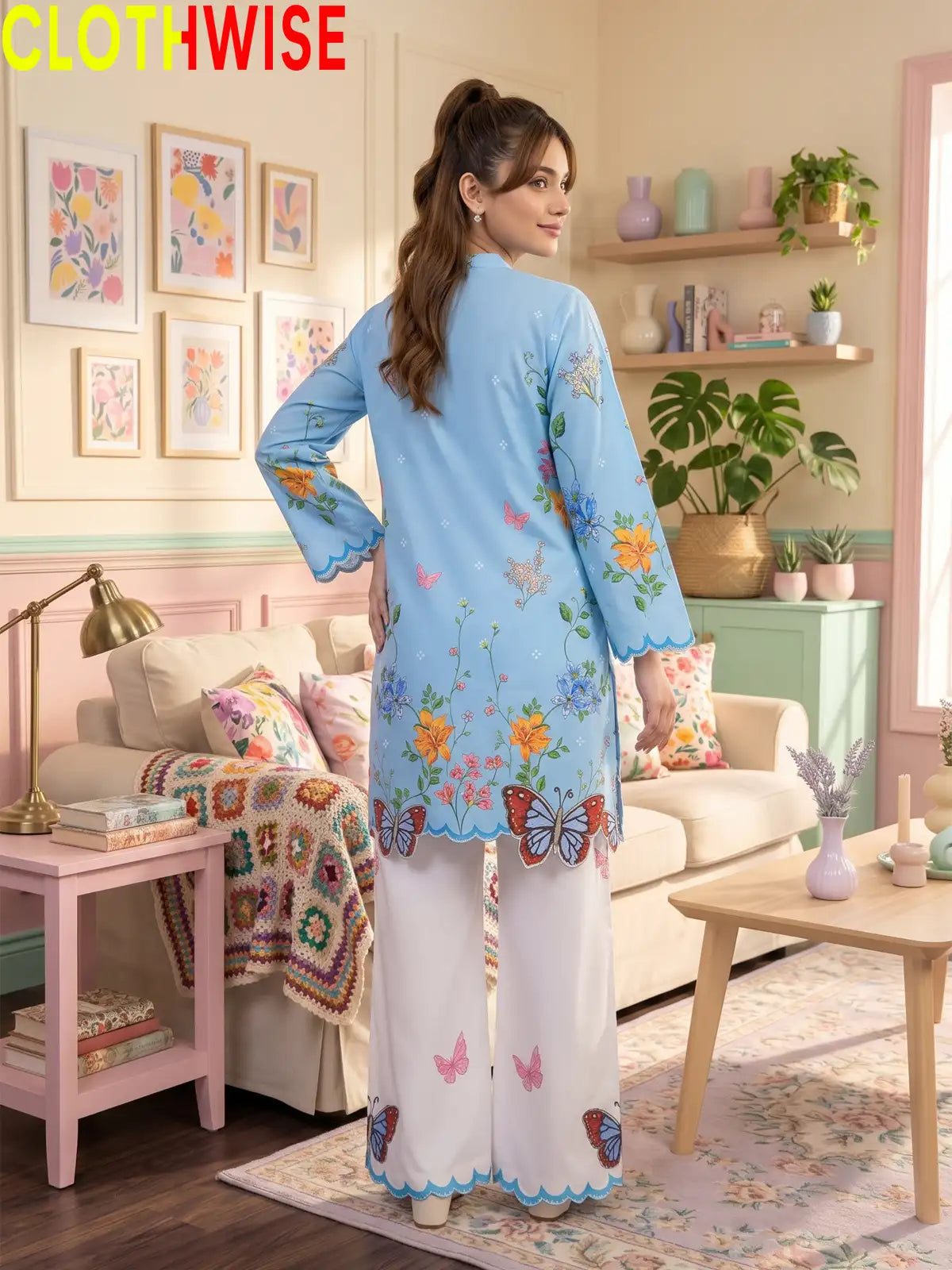 Titli - Sky Blue Floral Poly Lawn 2Pc Suit with Butterfly Patch