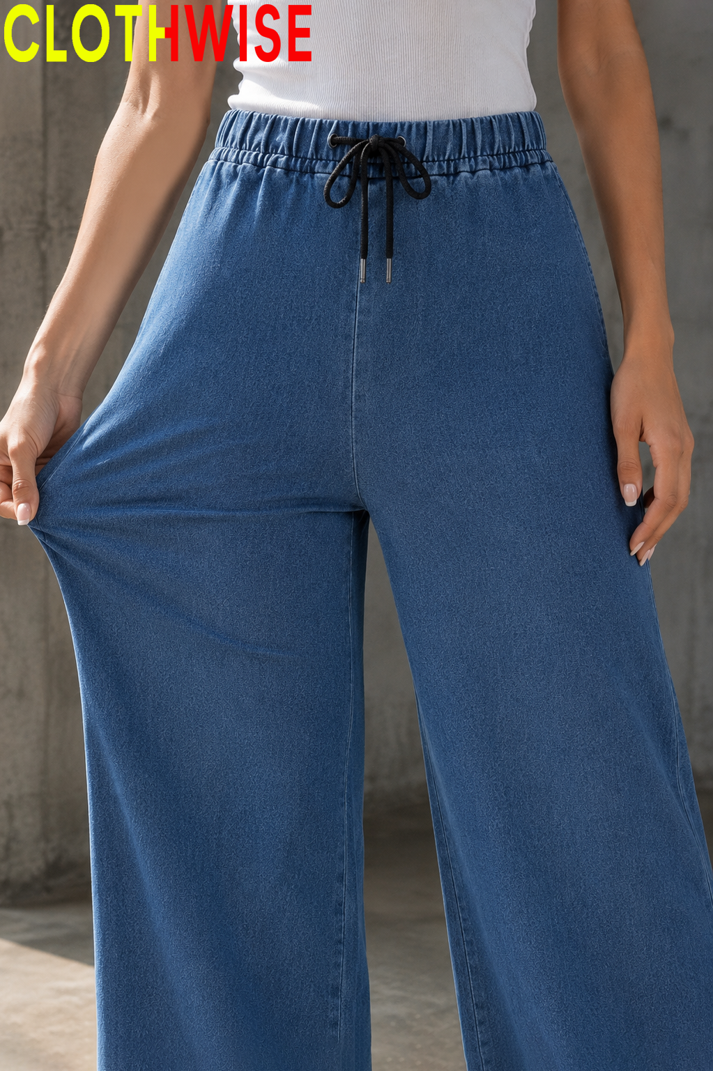 Women's Wide Leg Stretchable Denim Pants High Waisted Drawstring Raw Hem Jeans