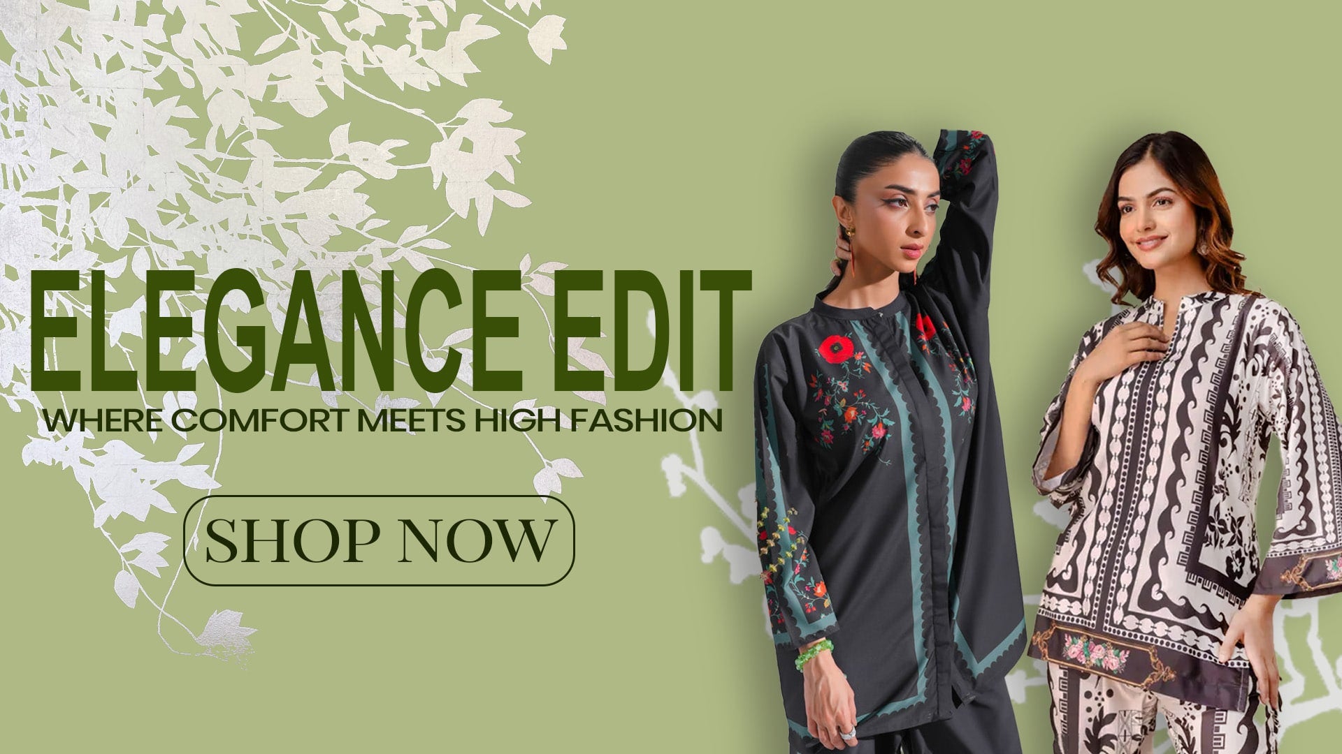 Two women modeling clothing with 'Elegance Edit' branding and a call to action on a green background.