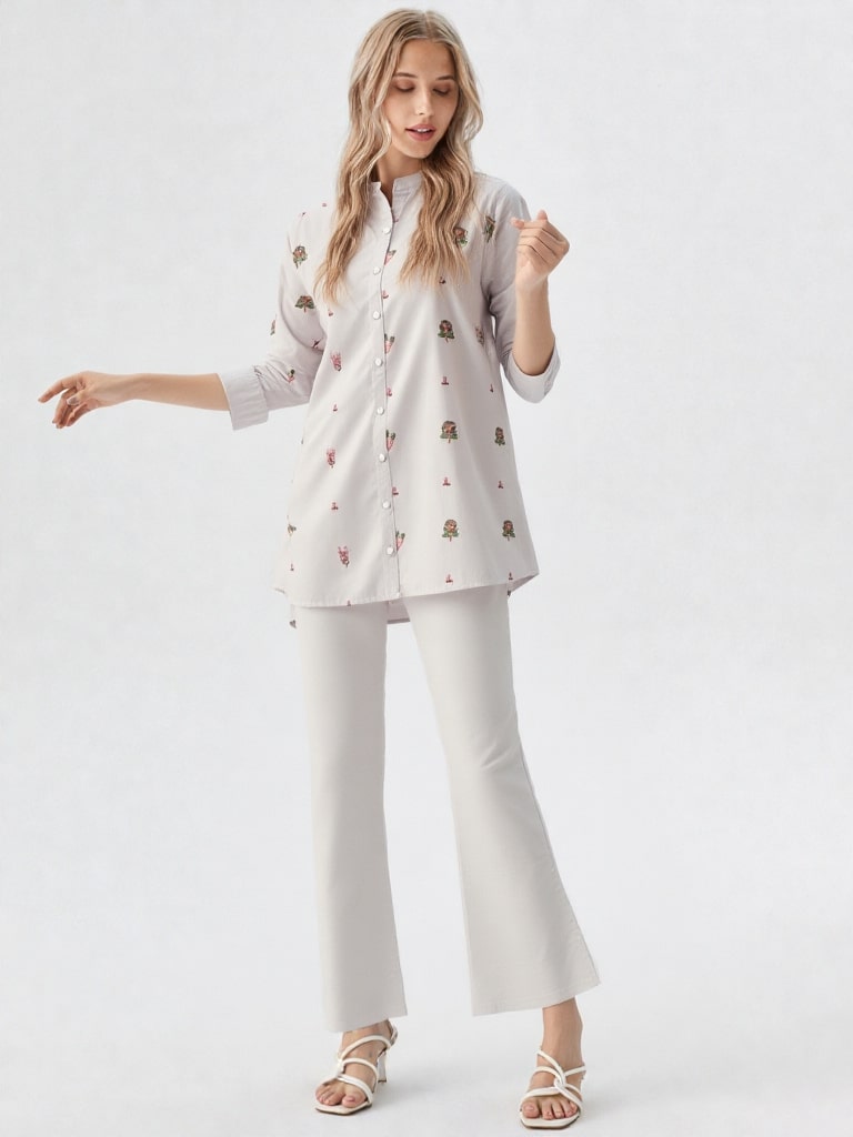Woman wearing a white outfit with floral patterns on a white background