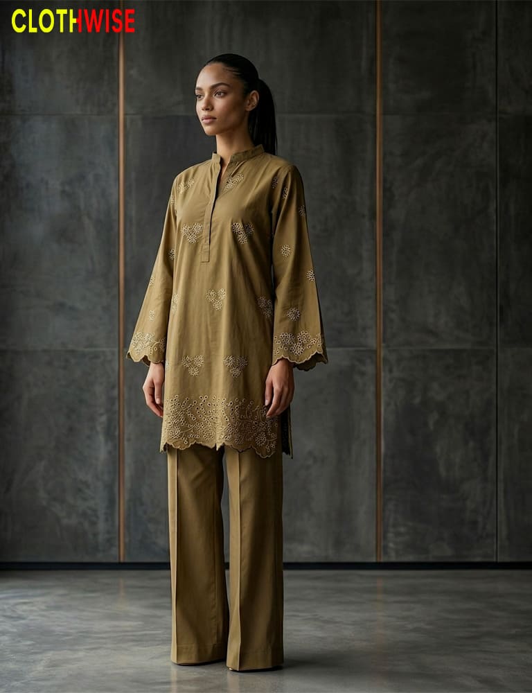 Zimal - Cotton Embroidered Chikan Kari Sand Brown Co-ord Set