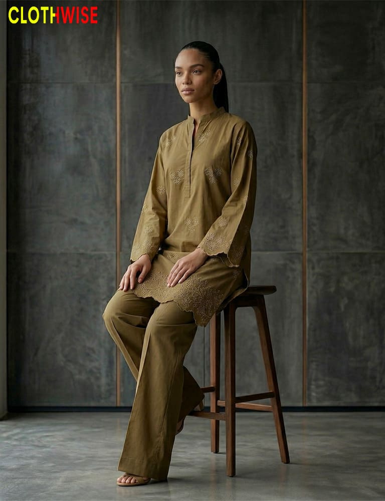 Woman wearing a beige outfit sitting on a wooden stool against a dark gray wall with 'CLOTHWISE' branding.