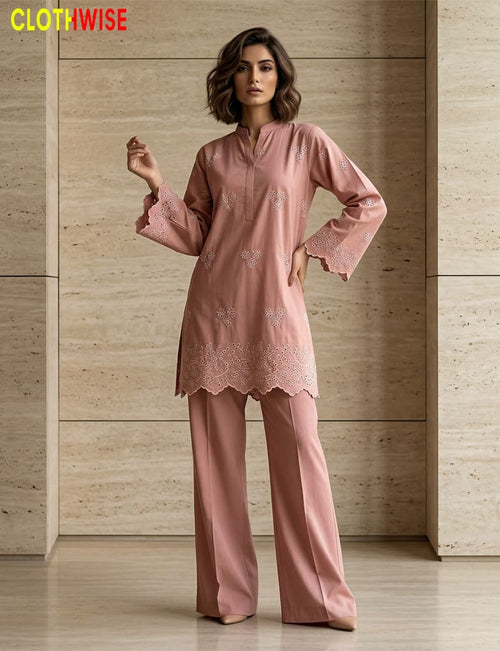Zimal - Cotton Embroidered Chikan Kari Dusty Rose Co-ord Set